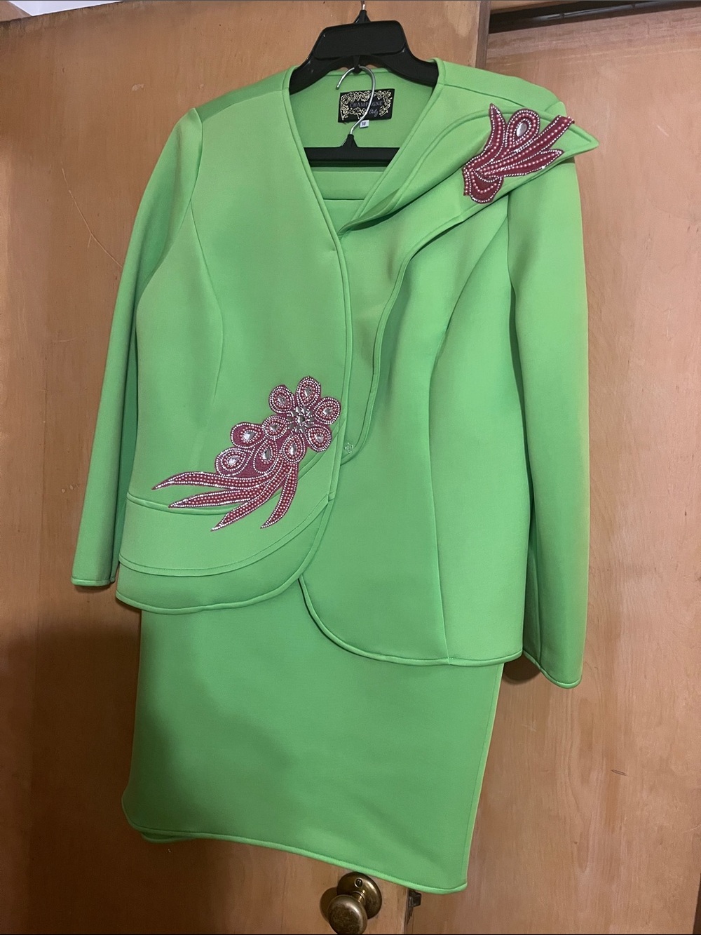 Champagne Lime Green Skirt Set with Pink Embroidered Appliqués